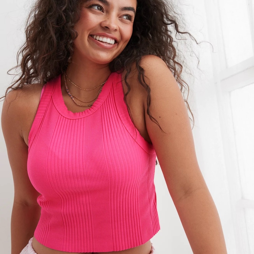 Aerie Pink Ribbed Crop Tank Top